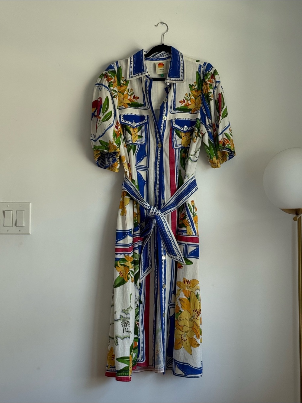 FARM Rio Floral & Stripe Midi Shirt Dress - White, Blue, Yellow, Green
